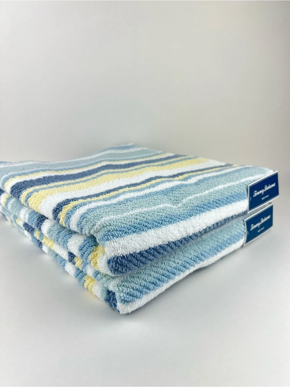 Tommy Bahama Bath Towels Ocean Bay Stripe Blue Yellow White Soft Cotton 2 Pc NEW